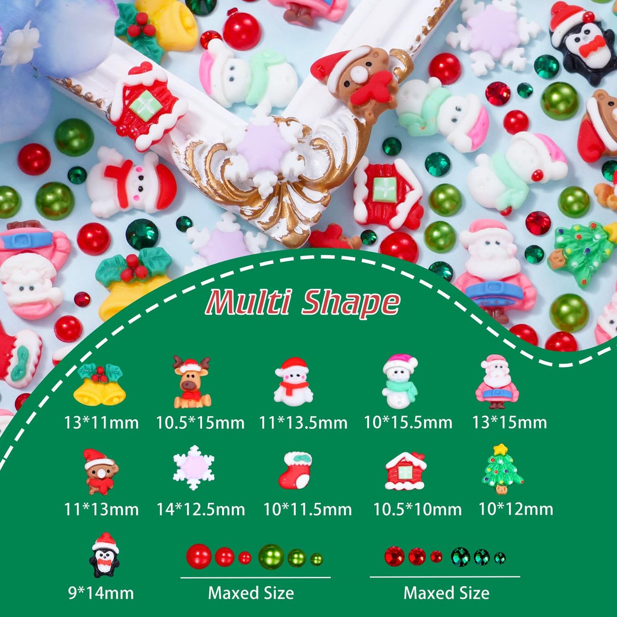 Christmas Resin Nail Art Charms & Rhinestones - Santa, Snowflake, Reindeer, Bell Designs - Colorful Gems for Acrylic Nails & Party Decor - görsel 3