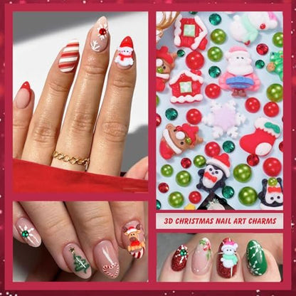 Christmas Resin Nail Art Charms & Rhinestones - Santa, Snowflake, Reindeer, Bell Designs - Colorful Gems for Acrylic Nails & Party Decor