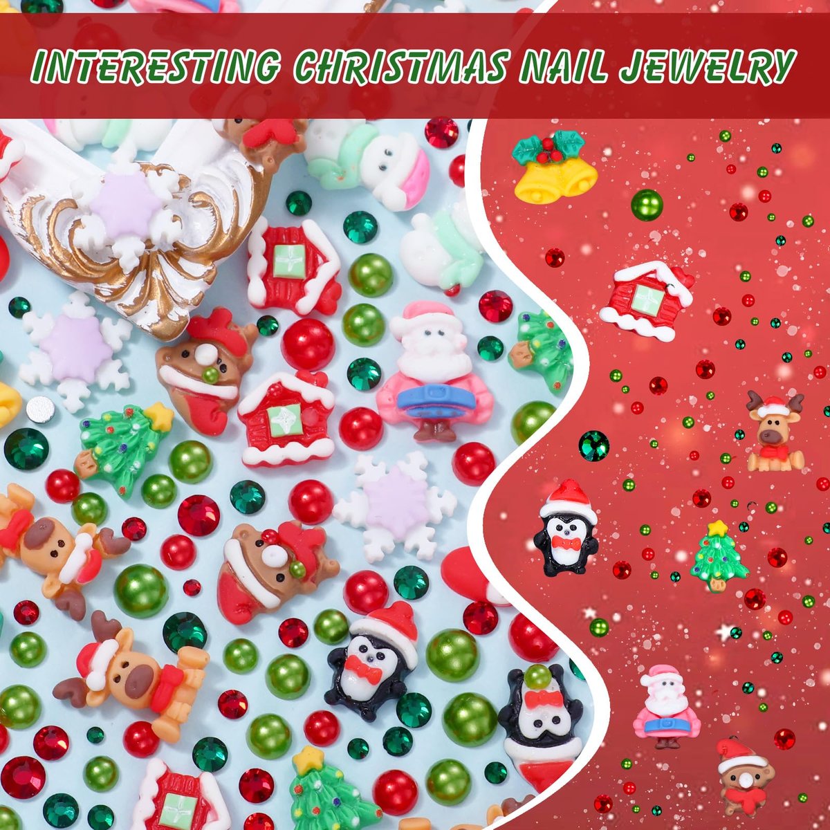 Christmas Resin Nail Art Charms & Rhinestones - Santa, Snowflake, Reindeer, Bell Designs - Colorful Gems for Acrylic Nails & Party Decor - görsel 5