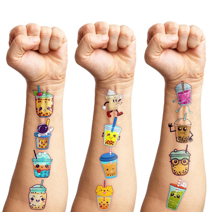 96 Pcs Funny Bubble Boba Milk Tea Pre-cut Temporary Tattoos - Cute Party Favors for Kids, Teens & Adults Avelisse