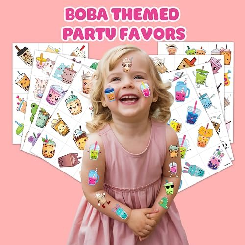 96 Pcs Funny Bubble Boba Milk Tea Pre-cut Temporary Tattoos - Cute Party Favors for Kids, Teens & Adults Avelisse