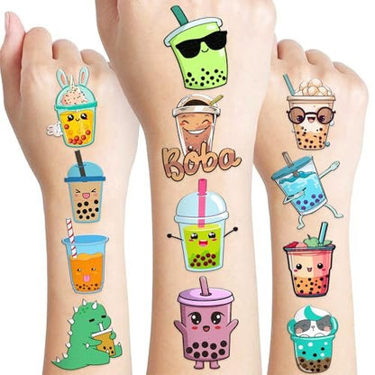 96 Pcs Funny Bubble Boba Milk Tea Pre-cut Temporary Tattoos - Cute Party Favors for Kids, Teens & Adults Avelisse