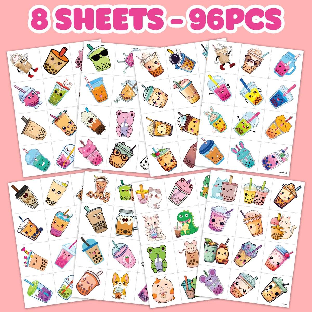 96 Pcs Funny Bubble Boba Milk Tea Pre-cut Temporary Tattoos - Cute Party Favors for Kids, Teens & Adults Avelisse
