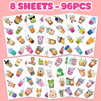 96 Pcs Funny Bubble Boba Milk Tea Pre-cut Temporary Tattoos - Cute Party Favors for Kids, Teens & Adults Avelisse