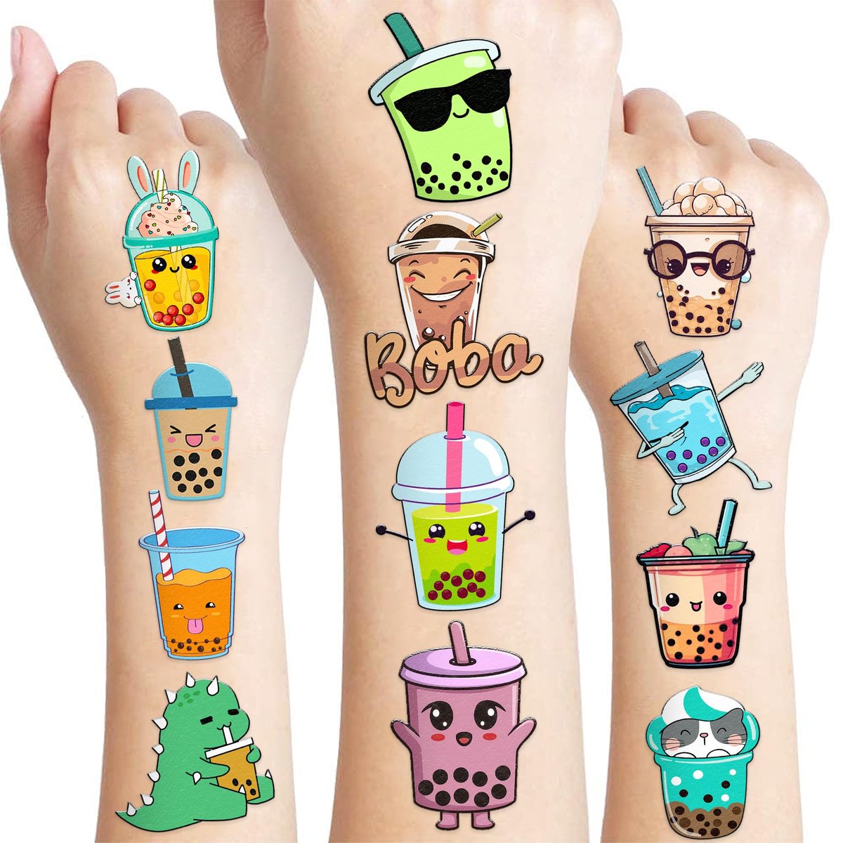 96 Pcs Funny Bubble Boba Milk Tea Pre-cut Temporary Tattoos - Cute Party Favors for Kids, Teens & Adults Avelisse