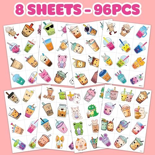 96 Pcs Funny Bubble Boba Milk Tea Pre-cut Temporary Tattoos - Cute Party Favors for Kids, Teens & Adults Avelisse