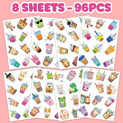 96 Pcs Funny Bubble Boba Milk Tea Pre-cut Temporary Tattoos - Cute Party Favors for Kids, Teens & Adults Avelisse