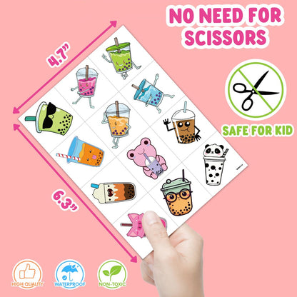 96 Pcs Funny Bubble Boba Milk Tea Pre-cut Temporary Tattoos - Cute Party Favors for Kids, Teens & Adults Avelisse