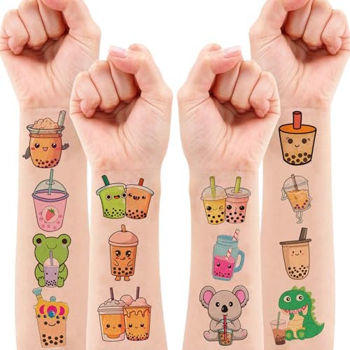96 Pcs Funny Bubble Boba Milk Tea Pre-cut Temporary Tattoos - Cute Party Favors for Kids, Teens & Adults Avelisse