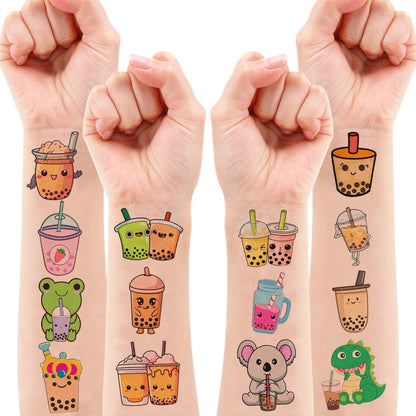 96 Pcs Funny Bubble Boba Milk Tea Pre-cut Temporary Tattoos - Cute Party Favors for Kids, Teens & Adults Avelisse