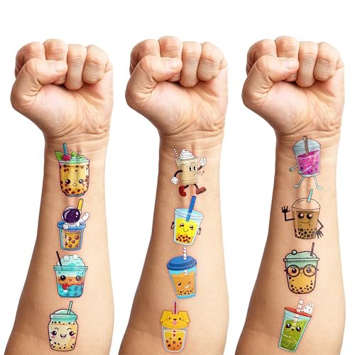 96 Pcs Funny Bubble Boba Milk Tea Pre-cut Temporary Tattoos - Cute Party Favors for Kids, Teens & Adults Avelisse