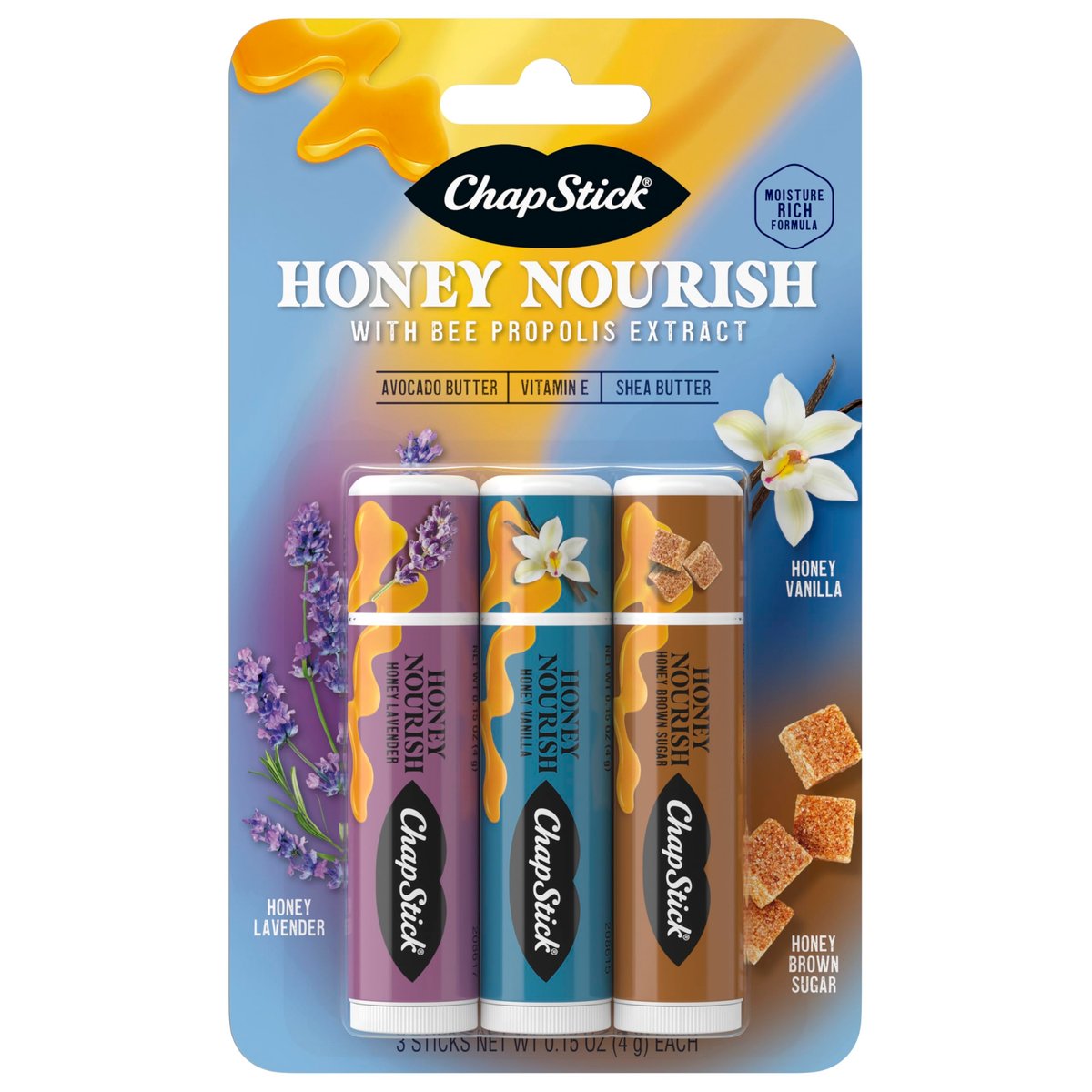 ChapStick Honey Nourish Lip Balm Trio: Lavender, Vanilla, Brown Sugar - Moisturizing with Shea Butter & Avocado Butter - görsel 1