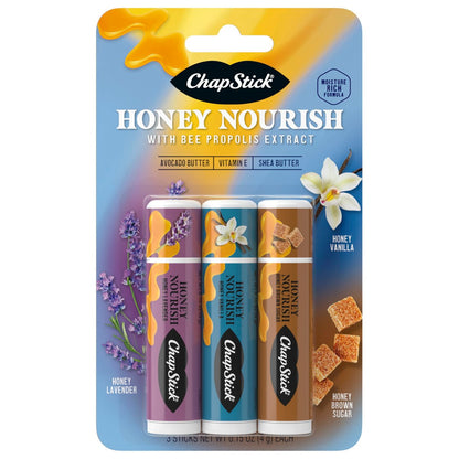ChapStick Honey Nourish Lip Balm Trio: Lavender, Vanilla, Brown Sugar - Moisturizing with Shea Butter & Avocado Butter