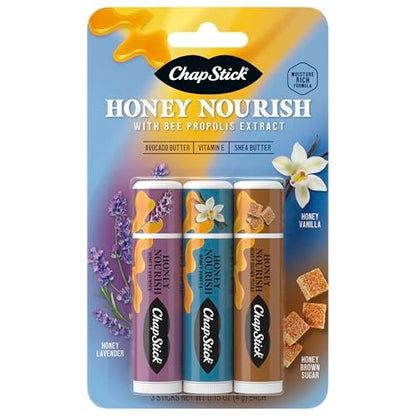 ChapStick Honey Nourish Lip Balm Trio: Lavender, Vanilla, Brown Sugar - Moisturizing with Shea Butter & Avocado Butter