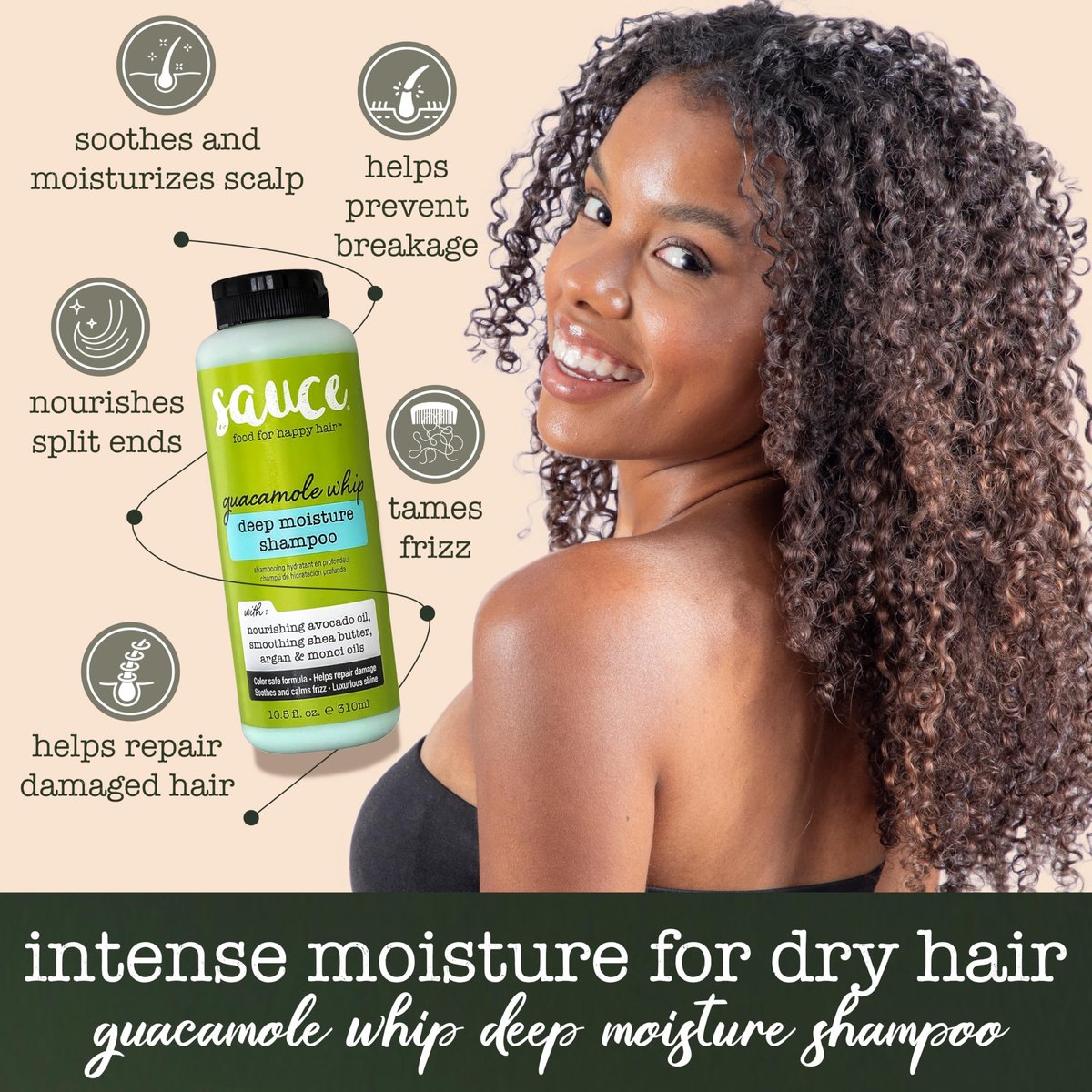 SAUCE BEAUTY Guacamole Whip Shampoo – Deep Moisture & Frizz Control with Shea Butter, Avocado, Argan, Monoi & Coconut Oils for All Hair Types (10.5 Fl Oz) Avelisse