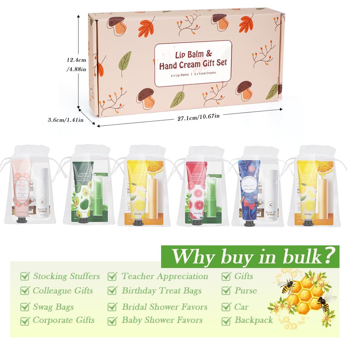 Luxury 6-Piece Lip Balm & Hand Cream Gift Set for Women – Bulk Lip Balms with Organza Bags & Hand Lotion, Perfect for Weddings, Christmas, Teacher Appreciation & Thank You Gifts Avelisse