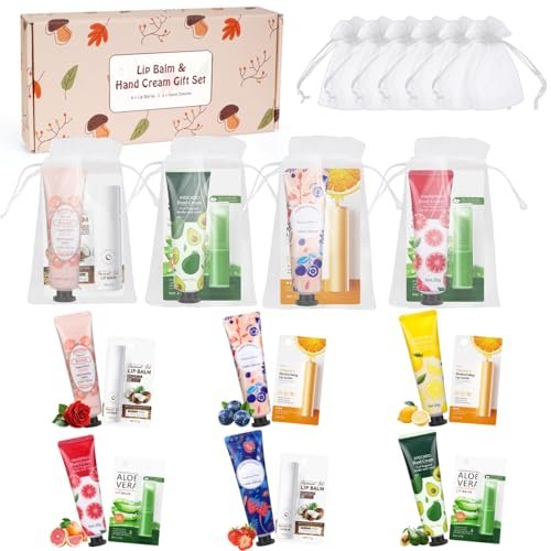 Luxury 6-Piece Lip Balm & Hand Cream Gift Set for Women – Bulk Lip Balms with Organza Bags & Hand Lotion, Perfect for Weddings, Christmas, Teacher Appreciation & Thank You Gifts Avelisse