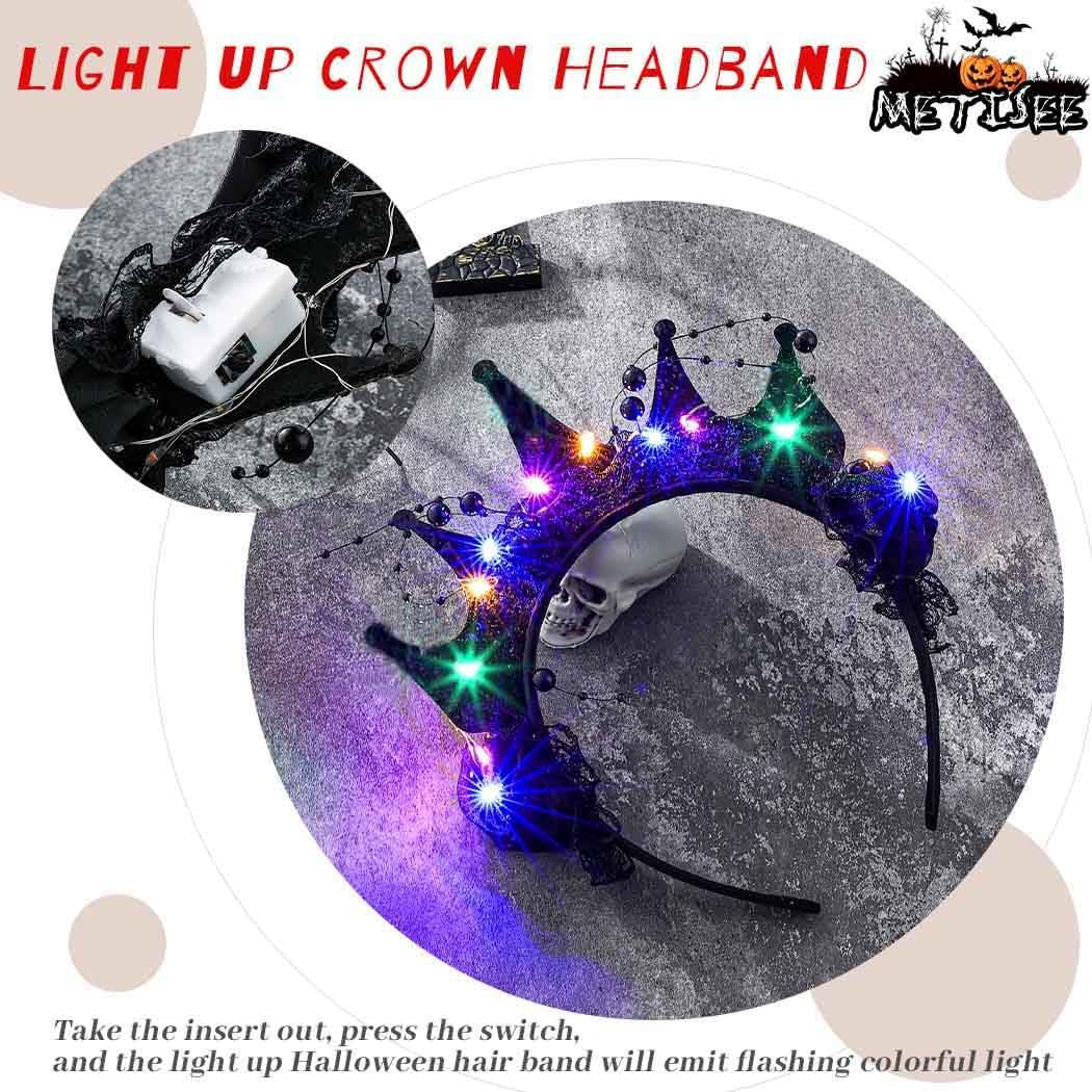 Metisee Halloween Crown Headbands - Light Up LED Baroque Crown Hairband for Women, Costume Party Accessory (Black) - görsel 3