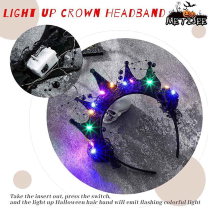 Metisee Halloween Crown Headbands - Light Up LED Baroque Crown Hairband for Women, Costume Party Accessory (Black)