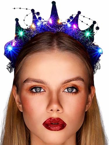 Metisee Halloween Crown Headbands - Light Up LED Baroque Crown Hairband for Women, Costume Party Accessory (Black)
