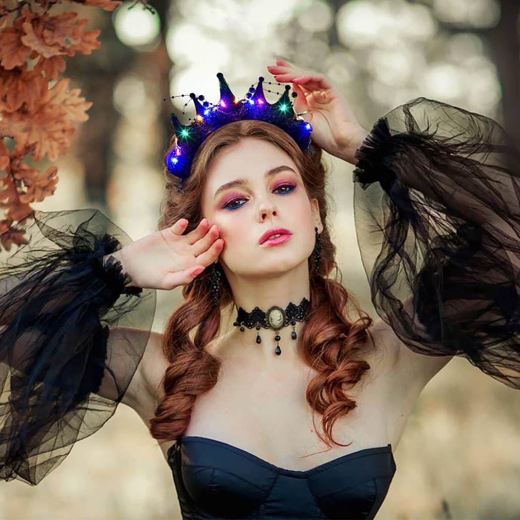 Metisee Halloween Crown Headbands - Light Up LED Baroque Crown Hairband for Women, Costume Party Accessory (Black) - görsel 5