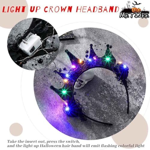 Metisee Halloween Crown Headbands - Light Up LED Baroque Crown Hairband for Women, Costume Party Accessory (Black) - görsel 4