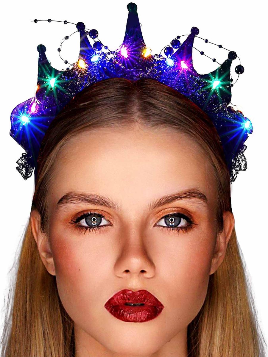 Metisee Halloween Crown Headbands - Light Up LED Baroque Crown Hairband for Women, Costume Party Accessory (Black) - görsel 1