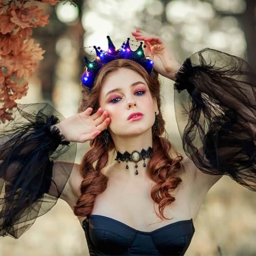Metisee Halloween Crown Headbands - Light Up LED Baroque Crown Hairband for Women, Costume Party Accessory (Black) - görsel 6