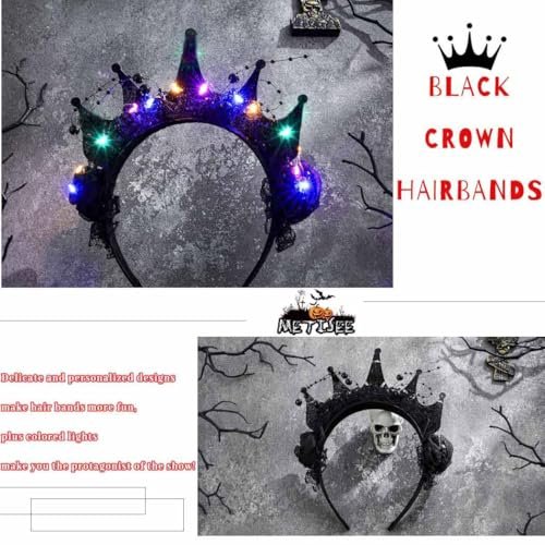 Metisee Halloween Crown Headbands - Light Up LED Baroque Crown Hairband for Women, Costume Party Accessory (Black) - görsel 8