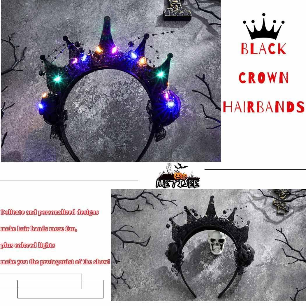 Metisee Halloween Crown Headbands - Light Up LED Baroque Crown Hairband for Women, Costume Party Accessory (Black) - görsel 7