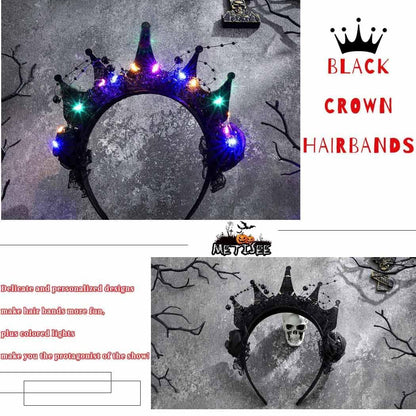 Metisee Halloween Crown Headbands - Light Up LED Baroque Crown Hairband for Women, Costume Party Accessory (Black)