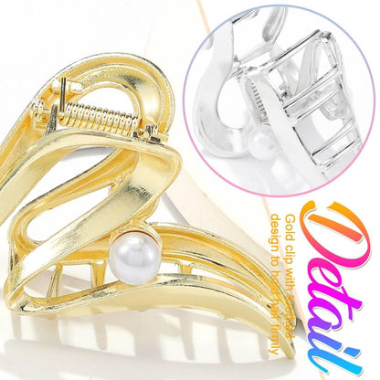 CAKURE Metal Claw Clips Gold Hair Clips – Pearl Hair Claw Large Nonslip Stylish Hair Accessories for Women (Pack of 2)