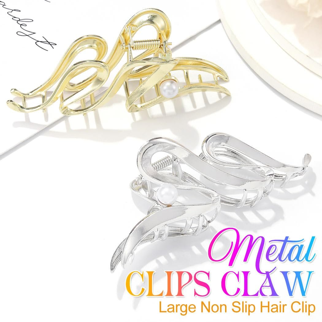 CAKURE Metal Claw Clips Gold Hair Clips – Pearl Hair Claw Large Nonslip Stylish Hair Accessories for Women (Pack of 2) - görsel 3