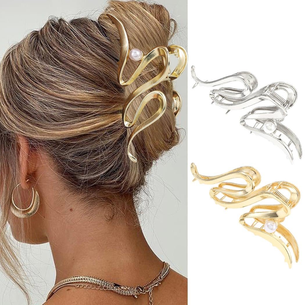 CAKURE Metal Claw Clips Gold Hair Clips – Pearl Hair Claw Large Nonslip Stylish Hair Accessories for Women (Pack of 2) - görsel 1