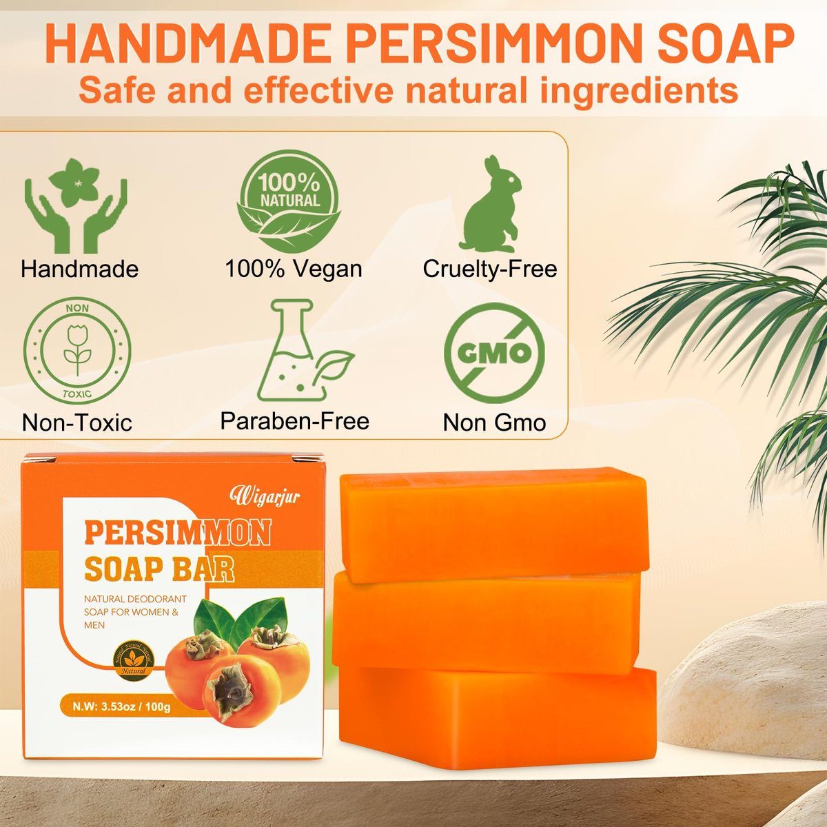 3 Pack Persimmon Soap Bar for Old People Smell – Natural Deodorant Body & Face Soap for Body Odor Control, Men & Women Deodorizing, Handmade Deep Cleansing Bar - görsel 7