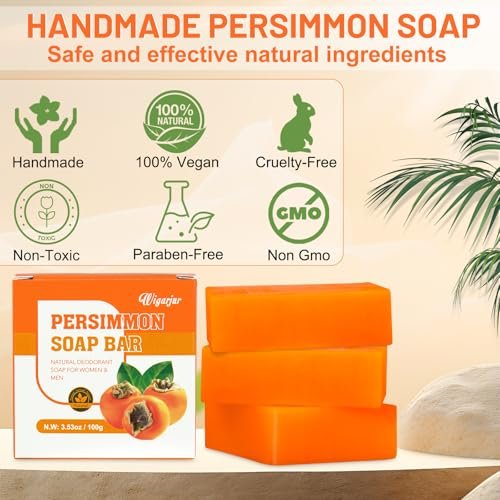 3 Pack Persimmon Soap Bar for Old People Smell – Natural Deodorant Body & Face Soap for Body Odor Control, Men & Women Deodorizing, Handmade Deep Cleansing Bar - görsel 8