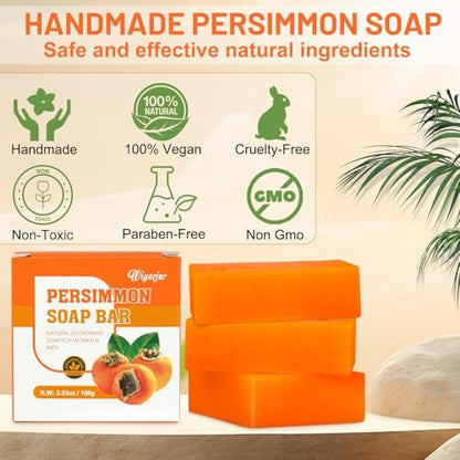 3 Pack Persimmon Soap Bar for Old People Smell – Natural Deodorant Body & Face Soap for Body Odor Control, Men & Women Deodorizing, Handmade Deep Cleansing Bar
