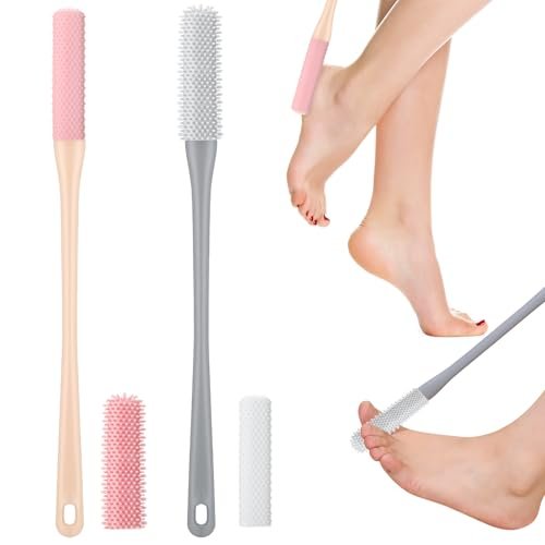 2 Pack Toe Cleaning Brush for Shower - 15.7" Long Handle Silicone Foot Scrubber & Lotion Applicator with Two Size Heads for Elderly, Men and Women (Pink & Gray) - görsel 12
