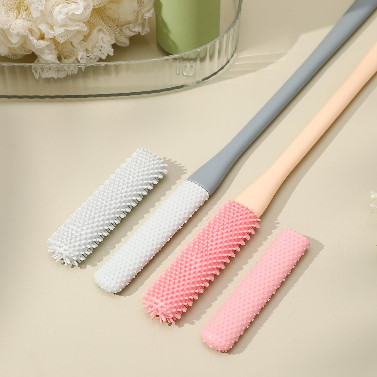 2 Pack Toe Cleaning Brush for Shower - 15.7" Long Handle Silicone Foot Scrubber & Lotion Applicator with Two Size Heads for Elderly, Men and Women (Pink & Gray) - görsel 13