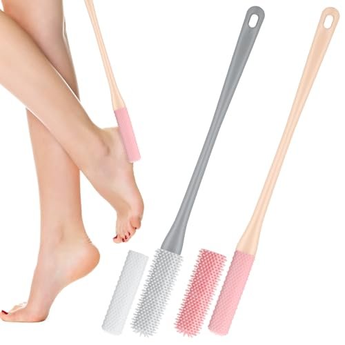 2 Pack Toe Cleaning Brush for Shower - 15.7" Long Handle Silicone Foot Scrubber & Lotion Applicator with Two Size Heads for Elderly, Men and Women (Pink & Gray) - görsel 2