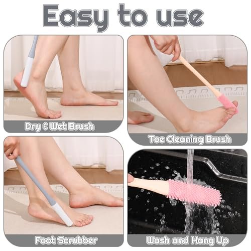 2 Pack Toe Cleaning Brush for Shower - 15.7" Long Handle Silicone Foot Scrubber & Lotion Applicator with Two Size Heads for Elderly, Men and Women (Pink & Gray) - görsel 8