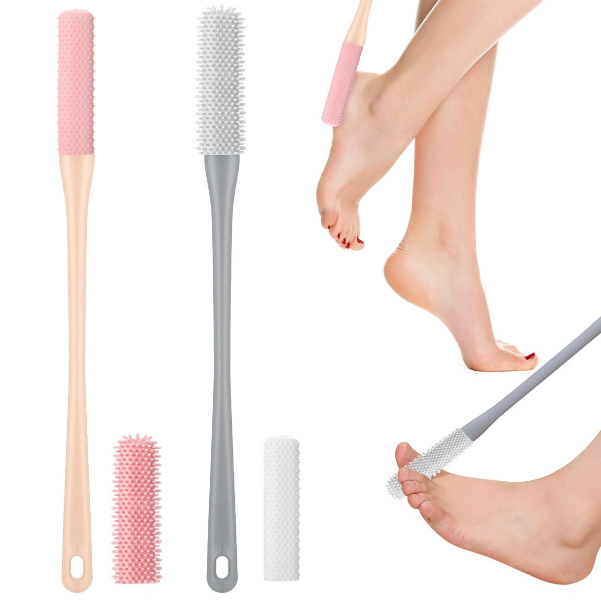 2 Pack Toe Cleaning Brush for Shower - 15.7" Long Handle Silicone Foot Scrubber & Lotion Applicator with Two Size Heads for Elderly, Men and Women (Pink & Gray) - görsel 11