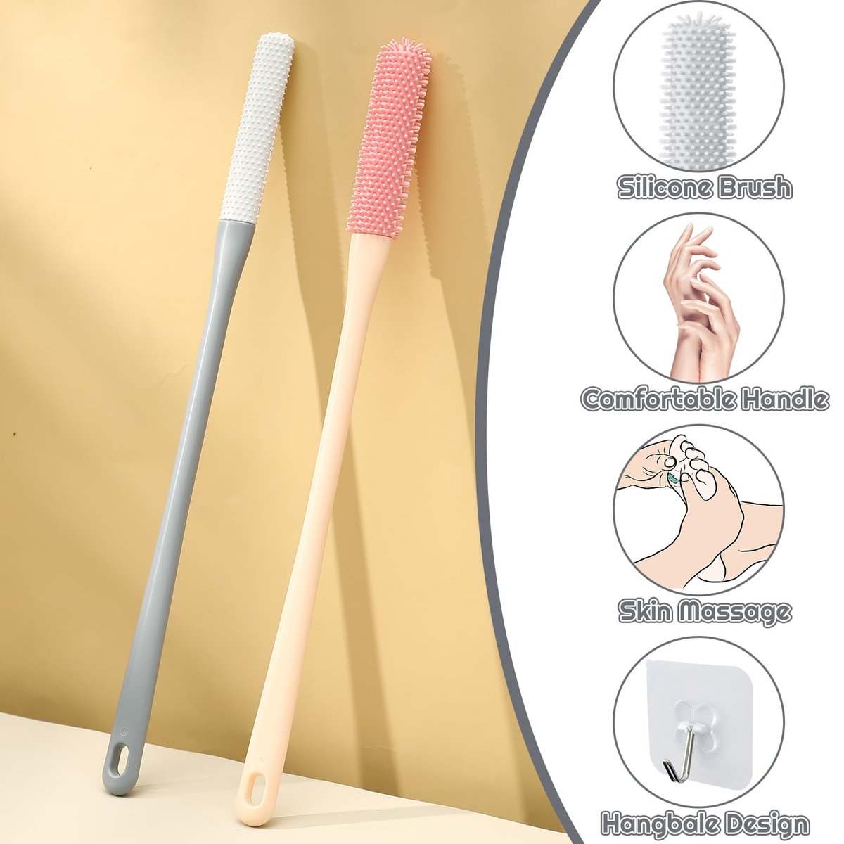 2 Pack Toe Cleaning Brush for Shower - 15.7" Long Handle Silicone Foot Scrubber & Lotion Applicator with Two Size Heads for Elderly, Men and Women (Pink & Gray) - görsel 3