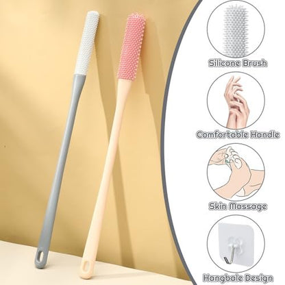 2 Pack Toe Cleaning Brush for Shower - 15.7" Long Handle Silicone Foot Scrubber & Lotion Applicator with Two Size Heads for Elderly, Men and Women (Pink & Gray)