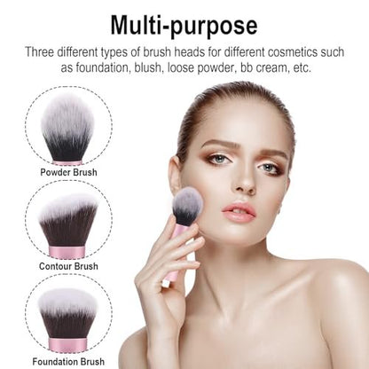 Yrarbil Foundation Contour Powder Brush Set - 3PCS Premium Travel Kabuki Mini Makeup Brushes for Blending, Setting, Buffing with Liquid, Powder, and Cream