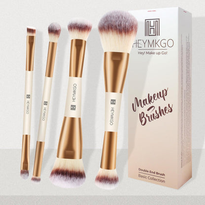 HEYMKGO 4-Piece Double-Ended Makeup Brush Set - Apricot Dual-Fiber Face Brushes for Foundation, Contour, Blush, Concealer & Eyeshadow