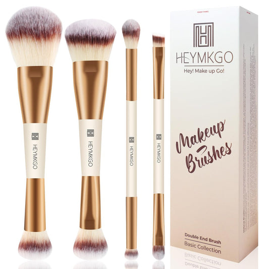 HEYMKGO 4-Piece Double-Ended Makeup Brush Set - Apricot Dual-Fiber Face Brushes for Foundation, Contour, Blush, Concealer & Eyeshadow