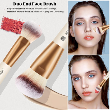 HEYMKGO 4-Piece Double-Ended Makeup Brush Set - Apricot Dual-Fiber Face Brushes for Foundation, Contour, Blush, Concealer & Eyeshadow