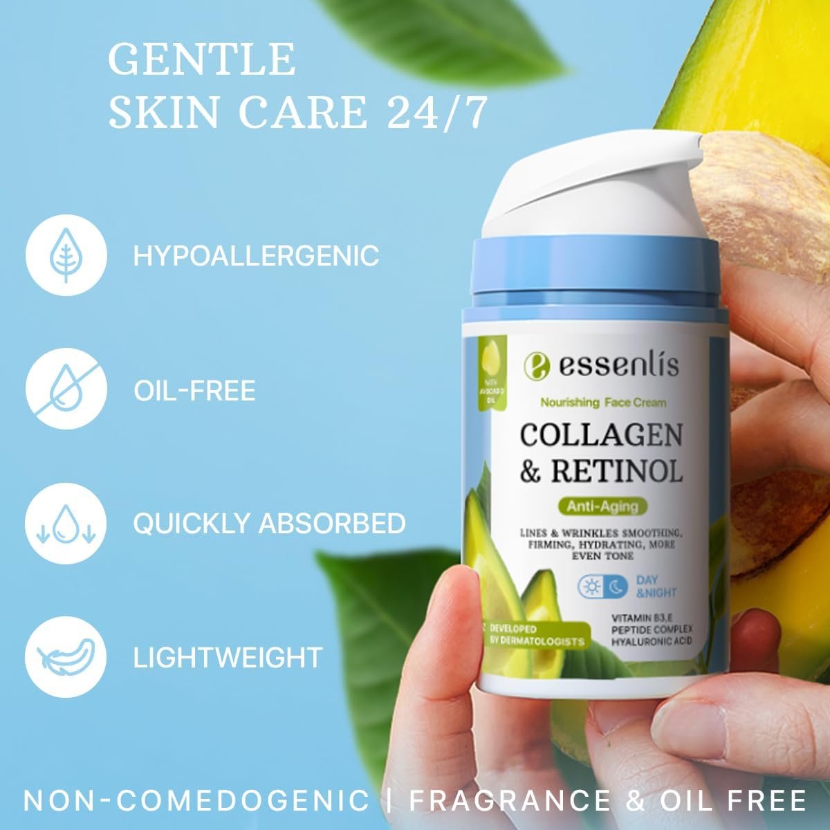 ESSENLIS Face Moisturizer Collagen Cream - Anti Aging Face Cream with Retinol, Hyaluronic Acid & Vitamin B - Day & Night Anti-Wrinkle Moisturizing Cream for Women & Men, 1.7 Fl Oz - görsel 11