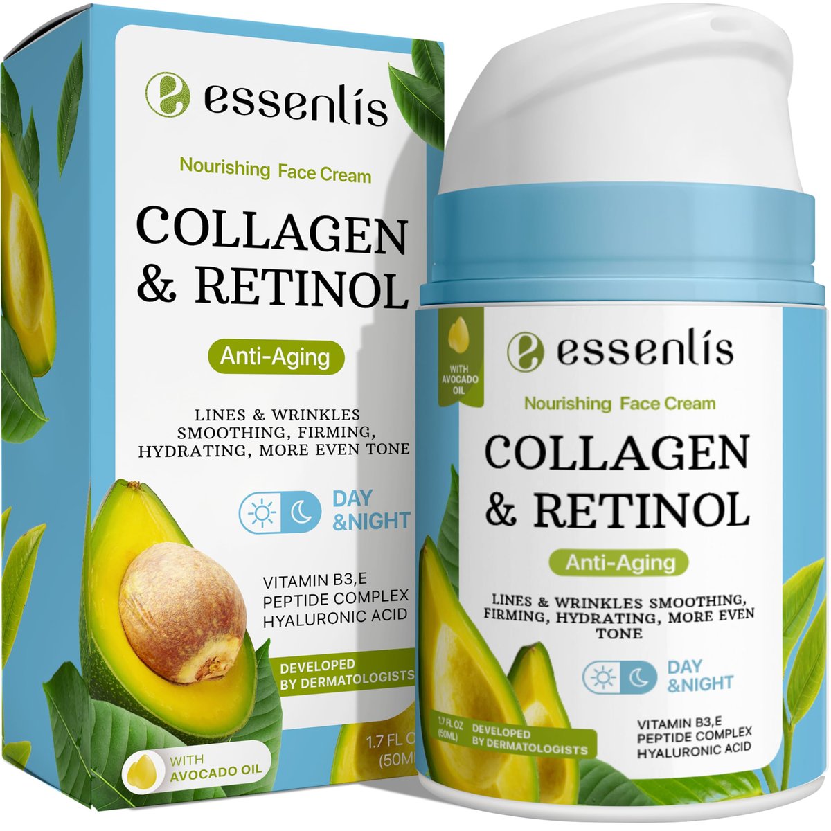 ESSENLIS Face Moisturizer Collagen Cream - Anti Aging Face Cream with Retinol, Hyaluronic Acid & Vitamin B - Day & Night Anti-Wrinkle Moisturizing Cream for Women & Men, 1.7 Fl Oz - görsel 1